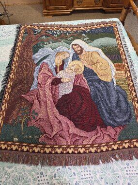Vintage Nativity Holy Family Woven Tapestry Throw Blanket Made in USA